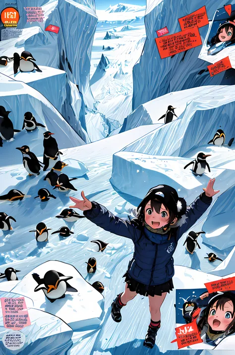 create a comic book of a little girl going to antarctica to see the penguins