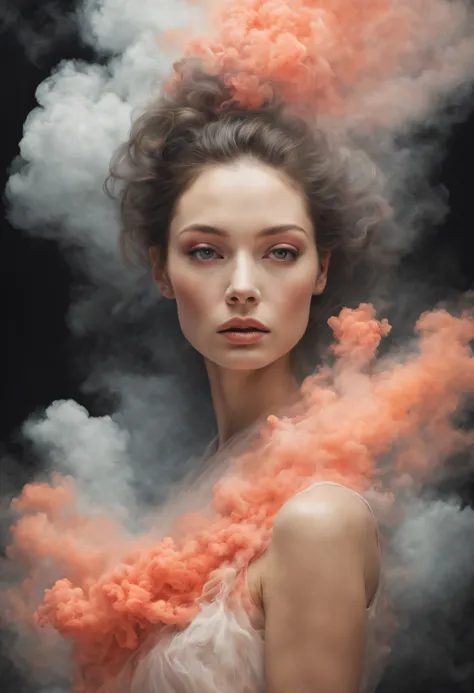 portrait of a woman covered in cloud of smoke, whirlwind, coral highlight colors, coral make-up, hints of pastel, misty, seducti...