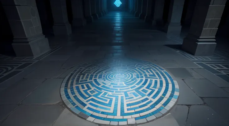 Underground labyrinth with high walls with glowing symbols, Made of stone blocks, The floor of the labyrinth is covered with mosaics.