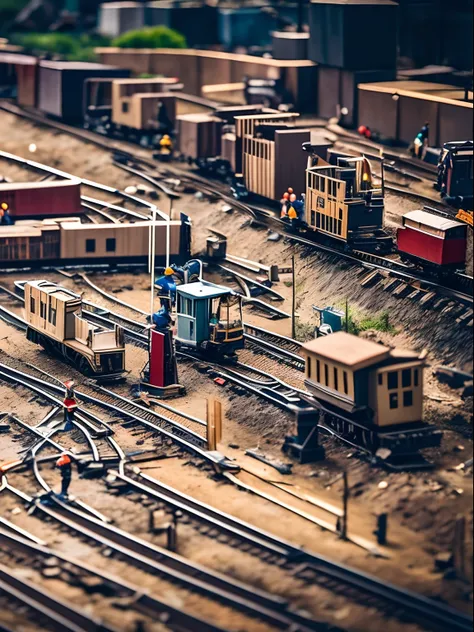 Tilt-shift photography, tiny little miniature contruction men building-up a complex railroad, action scene.