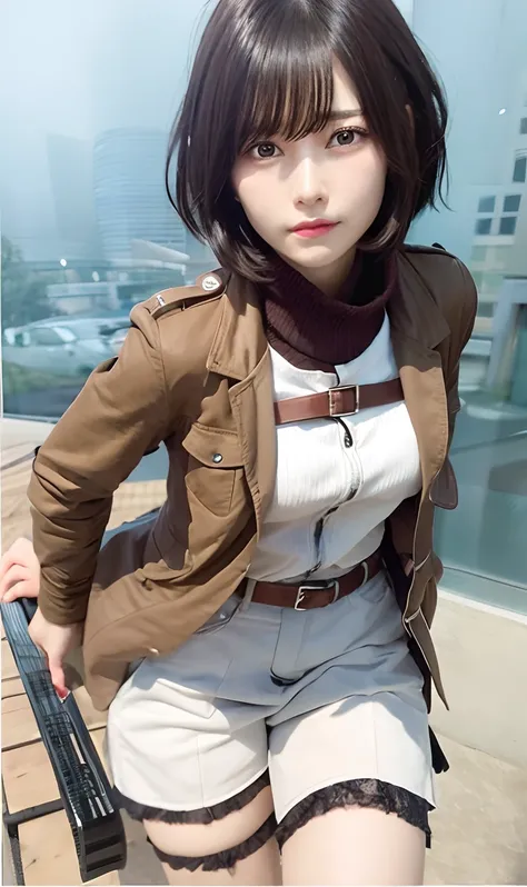 1girl, mikasa ackerman, brown javket, black hair, short hair, realistic, ultra detail