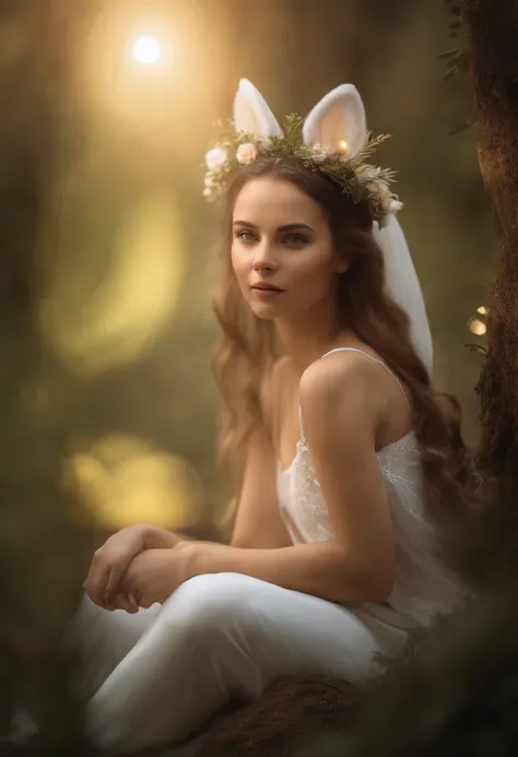 Uma foto profissional de alta qualidade, in 4k resolution, captura em detalhes realistas uma garota encantadora em um pijama branco fofo com orelhas e rabo de raposa. Shes sitting in the middle of an enchanted forest, where each element is portrayed to per...