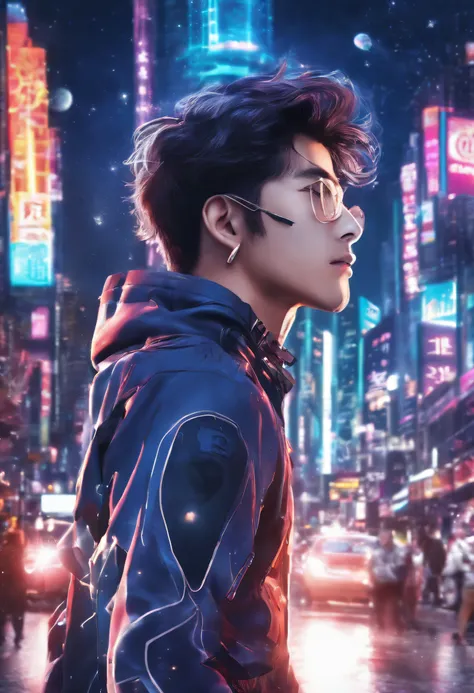 A Korean guy, transformed into an anime style, with exaggerated unique facial features and clothing, standing on a bustling city street, backlit background highlighting the subject, sun light high-contrast colors, 4K high-definition quality，young, smiling,...