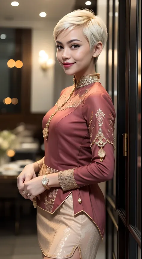 Malay girl, very short white hair, pixie cut hair, wear light plain pastel red womens long-sleeved dress opened at the front, secured with buttons, pins, or brooches, (baju kebaya:1.3) laughing and posing with hand on hip, wear handbag, from back view, win...