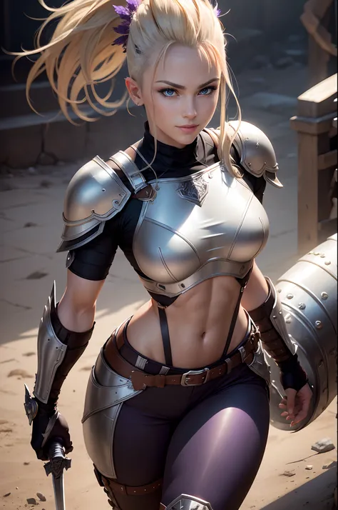 Photorealistic, High resolution, Soft light,1womanl, Solo, Muscular and macho body, (Detailed face),Blonde Mohawk, Black and brown pants and foot armor, Black and brown chest armor, shining purple eyes　enticing　超A high resolution　super precision　Confident ...