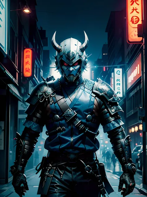 (Masterpiece), (beste-Qualit), portraite of a, (ciberpunk),(Male samurai, blue skin, White short hair), (Demon Helmet Mask,), Sateen, the night, (neon lights), The city