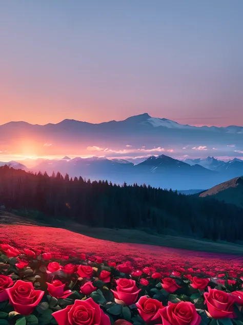 Best quality, masterpiece, sunset, rose, mountain, high resolution, 8k uhd, high quality, volumetric lighting, high resolution, 4k, 8k,