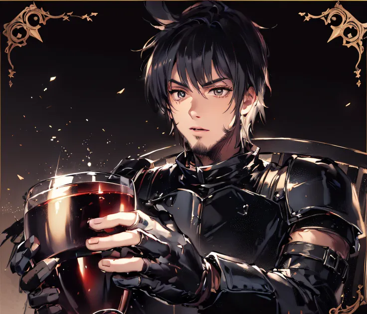 tmasterpiece，Best quality，Super fine illustration，A handsome man with black hair in black leather armor sat on a chair，Holding a wine glass in his hand，Medieval hotel