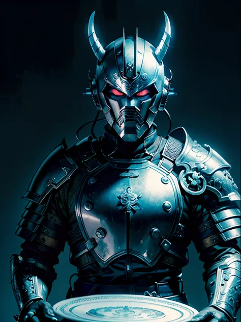 (Masterpiece), (beste-Qualit), portraite of a, (ciberpunk),(Male samurai, blue skin, White short hair), (Demon Helmet Mask, Plate Armor), Sateen, the night, (neon lights), The city