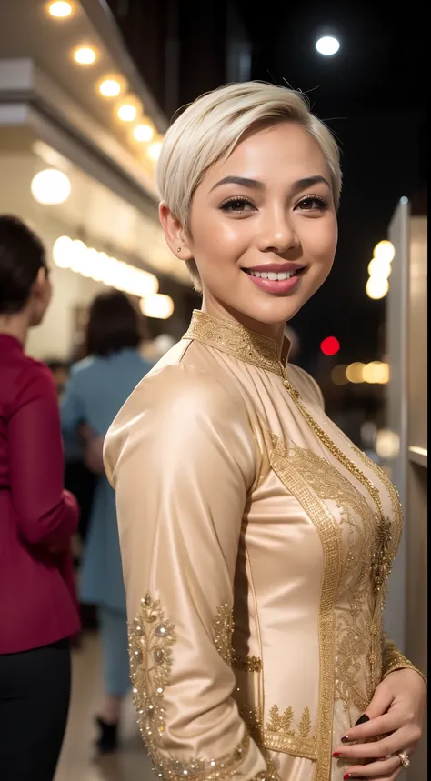 Malay girl, very short white hair, pixie cut hair, wear light plain pastel red womens long-sleeved dress opened at the front, secured with buttons, pins, or brooches, (baju kebaya:1.3) laughing and posing with hand on hip, wear handbag, from back view, win...