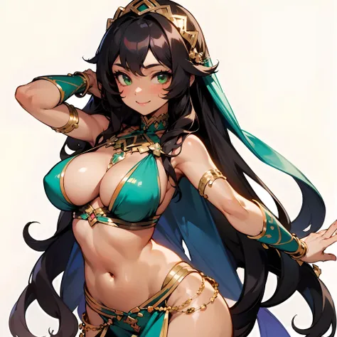 1girl, long black wavy hair, green eyes, brown skin, sexy belly dancer costume, smile, solo, best quality, masterpiece, portrait, simple background, looking at the camera, from the front, 1result, vibrant, detailed, perfect anatomy, detailed art, high defi...