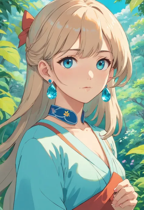 a girl wearing an anime collar, a long necklace and earrings, in the style of tranquil gardenscapes, colorful animation stills, masami teraoka, aquamarine, paul gauguin, Embry style, honest portrayal