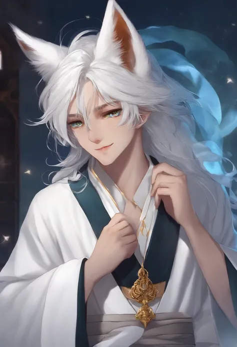 long  white hair，blueneyes，Fox ears，White robe，schoolboy