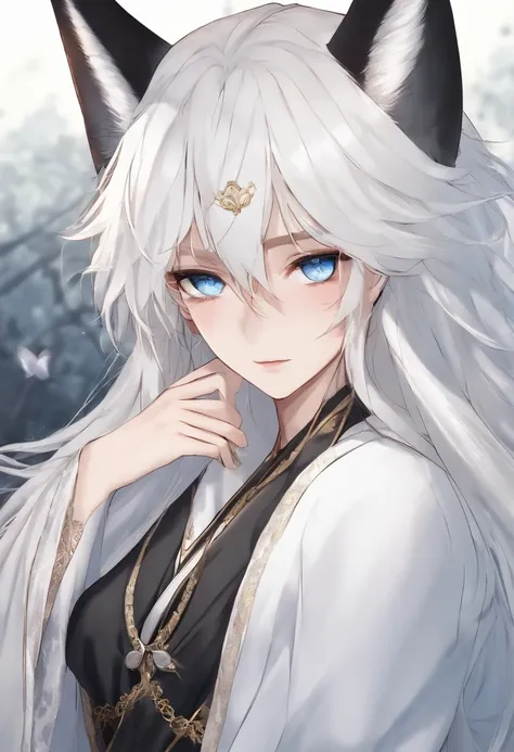 long  white hair，blueneyes，Fox ears，White robe，schoolboy