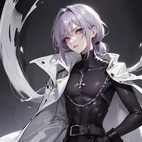 young skinny guy, delicate facial features, long dark purple hair gathered in a low ponytail, a lot of silver jewelry, dark tight-fitting clothes, white coat, belts, dark faded look, tired face