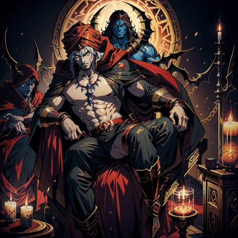 Castlevania Hyper Realistic Shadow Lord Super Detailed Dynamic Plan Master Piece of Lord Dracula Medieval Arab Warrior with Red Turban Scary Face Hokuto No Ken Structure Muscular Face Kenshiro Sitting in His Great Legendary Moroccan Throne Surrounded by De...