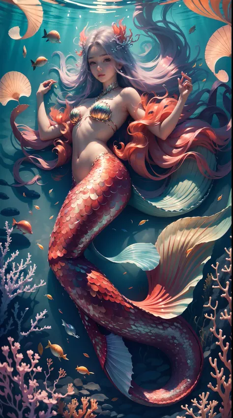 Best quality,A high resolution,Masterpiece:1.2,Vast seabed,(depth of fields),(A mermaid),long and flowing hair,Ethereal beauty,peacful,tropical fishes,Floating jellyfish,Colorful coral reefs,Diverse marine life。Vibrant colors,dreamlike lighting.