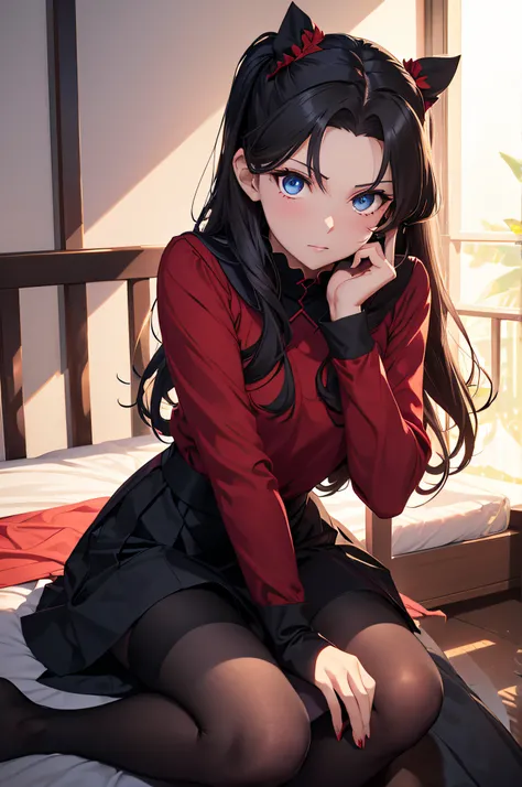 Rin Tohsaka, Fate/Stay Night, masterpiece, well detailed, classic clothes, red long sleeve blouse, black skirt, black long stockings, long black hair, two pigtails, blue eyes, sitting on a bed, Room background, depth of background, looking at the viewer, f...