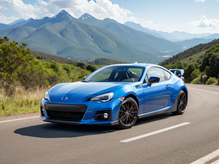 A blue Subaru BRZ is running on a mountain road. The sky is clear blue and the sun is shining. The mountains in the background are green and lush. The car is shining in the sun and looks ready for a race