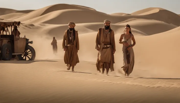 Naked women, and Man with long beard and white beard standing in the desert area, Lead the clan, young nude women  Israelis dressed in 36864K movies, still from live action movie, live-action movie scenes, 16384k film, still image from tv series, cinematic...