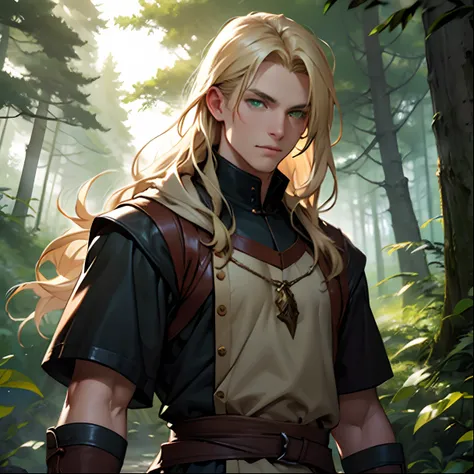 Long blond Hair. Man. Green Eyes. In the Forest. Medieval Leather Clothes