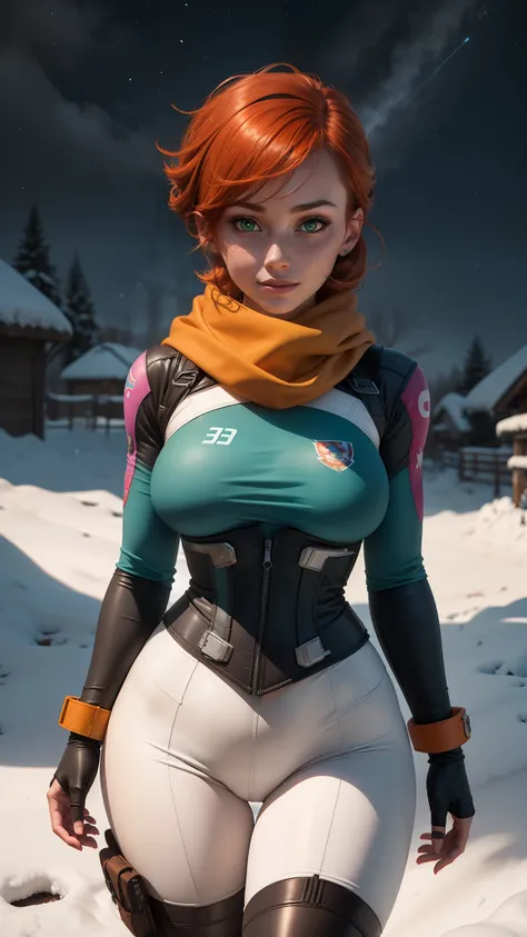 gwen tennyson,1girl,tracer,d.va,rebecca chambers,overwatch,gundam,close up,mecha pilot,winter village,orange and red plugsuit,hair pin,pirate corset,white long sleeve lycra top,black leggings,short hair,cute makeup,green eyes,orange and blue hair,shy smile...