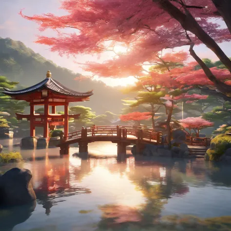 (best quality,4k,8k,highres,masterpiece:1.2),ultra-detailed,realistic, lookingattheviewer,mysterious eyes,beautiful detailed lips,calm expression,1girl, Japanese shrine,peaceful atmosphere,serene water,sparkling pond,golden koi,floating leaves,tranquil lak...