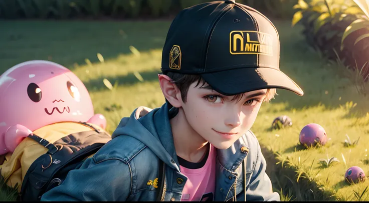 Boy (14 year old), yellow jacket, black skully hat, red backpack, blue jeans, snickers, cool, fun, grass field, sun light, smiling, holding a round pink slime creature with long curved slimy ears (Super cute slime pink, garden),(ultra-detailed,best quality...