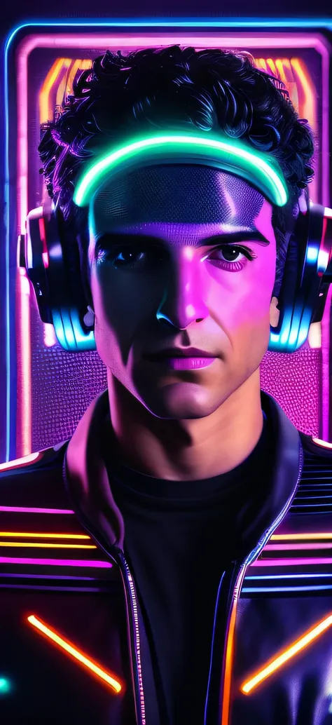 DJ masculino, Dj.Homem, neon na parede, papel de parede do telefone, ( ( ( Synthwave ) ) ), Directed by: Alejandro Obregon, (Arte Digital), "Retrato de Leonard Cohen, Directed by: Ramon Silva, inspired by Nuno Gonçalves, Estilo de Arte Synthwave, inspired ...