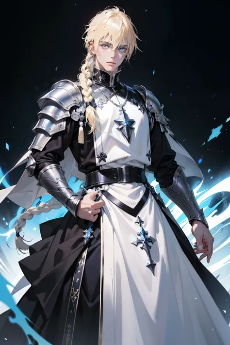 male knight，blond hairbl，One side twisted braid，By bangs，hair between eye，holy paladin，Black and white clothing，Capable and elegant，Religious dress，Wears silver armor，goth style。Western fantasy style，Concise background。Concise background，Masterpiece， misti...