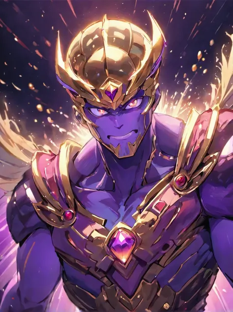 (a)Thanos,(best quality,highres,masterpiece:1.2)portrait,serious expression,dark background,vivid colors,sharp focus,ultra-detailed,glowing eyes,angry and determined,armor,crown,Infinity Gauntlet,powerful,badass pose,cracked skin,eternal,cosmic energy,mena...