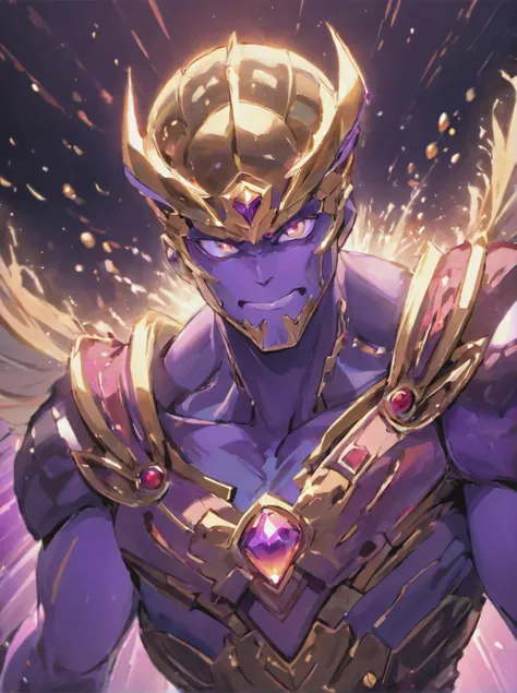 (a)Thanos,(best quality,highres,masterpiece:1.2)portrait,serious expression,dark background,vivid colors,sharp focus,ultra-detailed,glowing eyes,angry and determined,armor,crown,Infinity Gauntlet,powerful,badass pose,cracked skin,eternal,cosmic energy,mena...