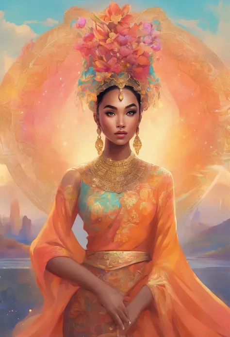 Design a cover celebrating the Malay woman as an icon of inclusivity in the fashion world. She models diverse outfits from different cultures, promoting unity through style.