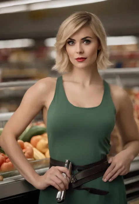 25-year-old woman, short blonde hair with bangs, standing front-on in the supermarket, holding a large knife in her hand.  looking fixedly at the viewer, wearing a sleeveless blouse.  She has an aggressive expression, a Disney character face, with makeup. ...