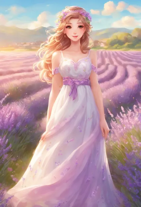 Design a photo-realistic portrait of a beautiful woman dressed in a flowing white gown, standing amongst a field of lavender. The sunlight catches the delicate details of her dress, creating a soft, ethereal glow.