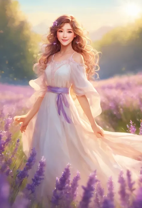 Design a photo-realistic portrait of a beautiful woman dressed in a flowing white gown, standing amongst a field of lavender. The sunlight catches the delicate details of her dress, creating a soft, ethereal glow.