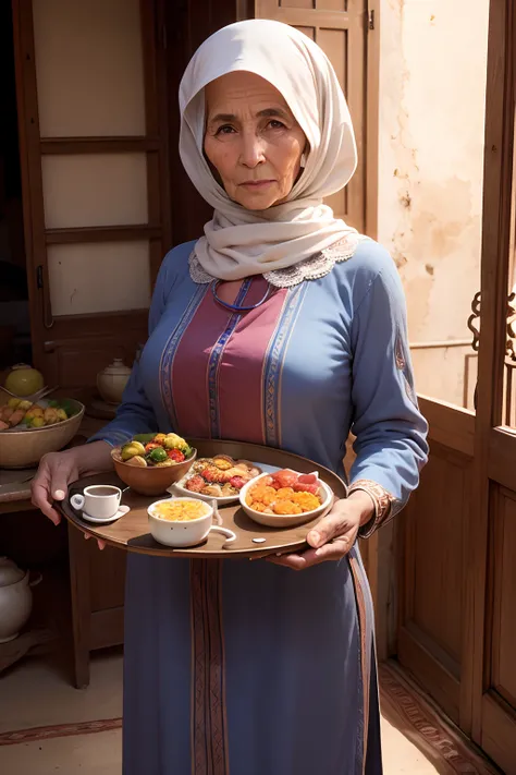 An old mom holding a Moroccan breakfast tray , lunette , les cheveux voilait musulmane