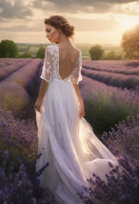 Design a photo-realistic portrait of a beautiful woman dressed in a flowing white gown, standing amongst a field of lavender. The sunlight catches the delicate details of her dress, creating a soft, ethereal glow.