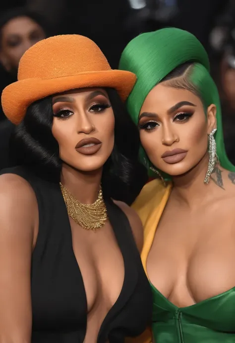 Cardi B embrasse Kylie Jenner. Both are in very sexy outfits. The photo is ultra-realistic.