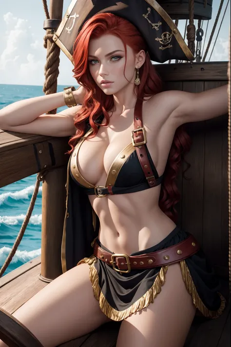 Gorgeous pirate girl on a pirate ship at sea, red hair, oily skin, sexy masterpiece, best quality, highest quality, high definition, highly detailed, 8K, athletic and fit body, naughty, perfect hands, detailed hands, perfect eyes, detailed eyes, flirty, se...