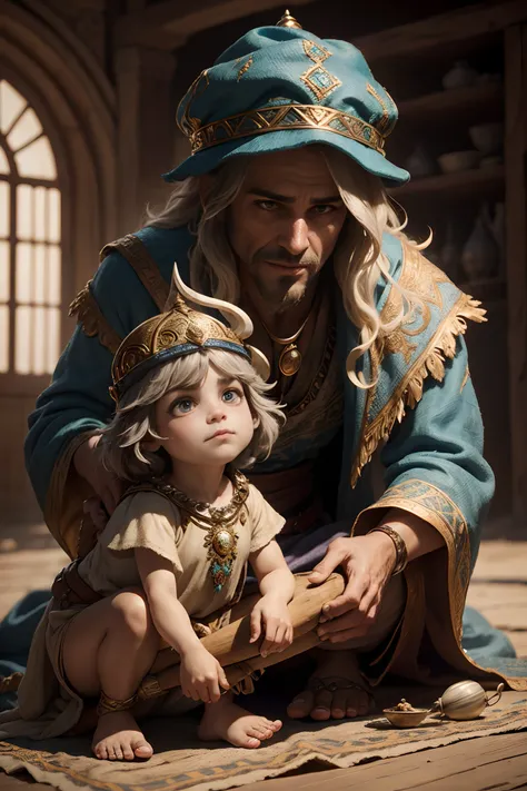 Arabian fairy tale from the 1100s, 1001 nights, Various fairytale fantastic creatures in old tattered clothes and hats, shaggy hair, Close-up portrait full body in Disney Pixar style Super realistic cinematic film, many details, Blurred fantasy background,...