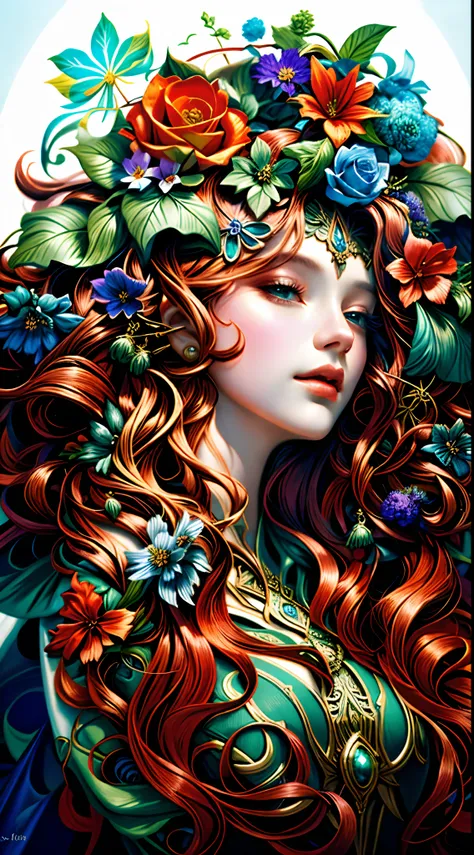 uma pintura de uma mulher com cabelos azuis e flores no cabelo, deusa flor, retrato bonito da arte da fantasia, arte estilo fantasia, retrato da arte da fantasia, 8k arte detalhada de alta qualidade, Art Nouveau hiperrealista, lindo arte digital, deusa. De...