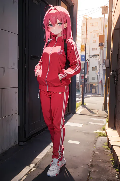 blushed red,cute,shy,looking at viewer,beautiful pose, pink track suit,full body,perfect eyes,masterpiece,Suburban,twilight,sunset,perfect background,simple background,highres) A cute girl stands in a Suburban setting, with the twilight sky creating a beau...