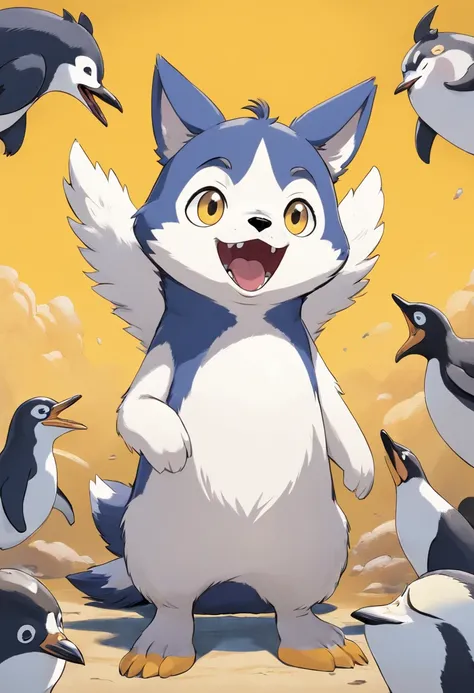 image of creature with penguin body and black and white husky head, pot belly, husky nose, husky mouth, penguin tail, penguin legs and arms, yellow legs, comic style, crying face, prone, cute, standing