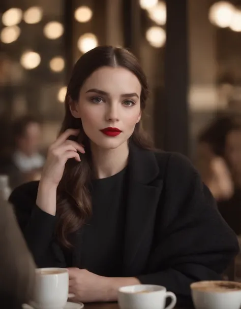 2010s fashion, Gros plan moyen, Canon EF 85mm f/1.2L II USM, A woman was sitting in a café. There was coffee on the table. His hands were under the table， Dressed in a black jacket and red lips, Focus on facial expression, Mode de rue