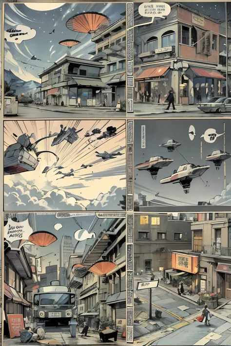 comic strip，Cartoon Split（4 or 5 or 6 tiles），Storyboard，Masterpiece, 。sudden，A spaceship fell from the sky，Falls in the middle of the street。 Enhanced detail