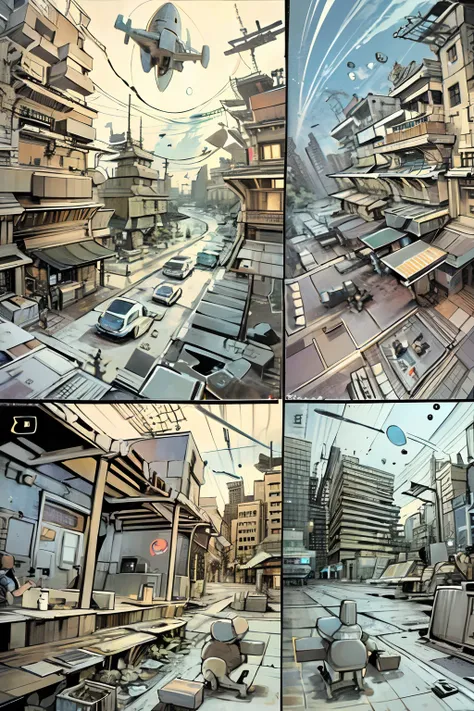 comic strip，Cartoon Split（4 or 5 or 6 tiles），Storyboard，Masterpiece, 。sudden，A spaceship fell from the sky，Falls in the middle of the street。 Enhanced detail