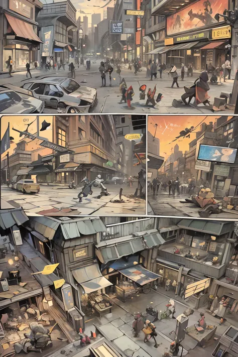 comic strip，Cartoon Split（4 or 5 or 6 tiles），Storyboard，Masterpiece, 。A robot came out of the spaceship，It began to destroy the streets，And create chaos in the crowd。 Enhanced detail