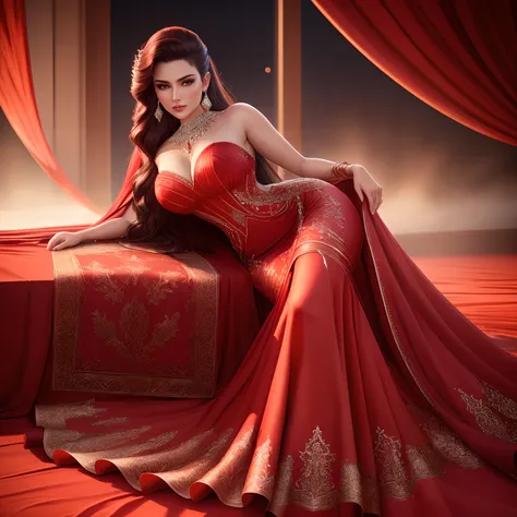 highly detailed, sharp details, realistic, 4k, RAW photo, elegant gown, red, volcano-inspired, flowing fabric, fashion, glamour, evening wear, vibrant, luxurious, fiery, graceful, model, elegant pose