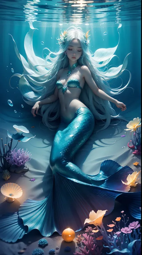 ocean floor,(depth of fields),A mermaid,long whitr hair,Ethereal beauty,peacful,tropical fishes,jelly fish,the reef。Vibrant colors,dreamlike lighting.Best quality,A high resolution,Masterpiece:1.2.